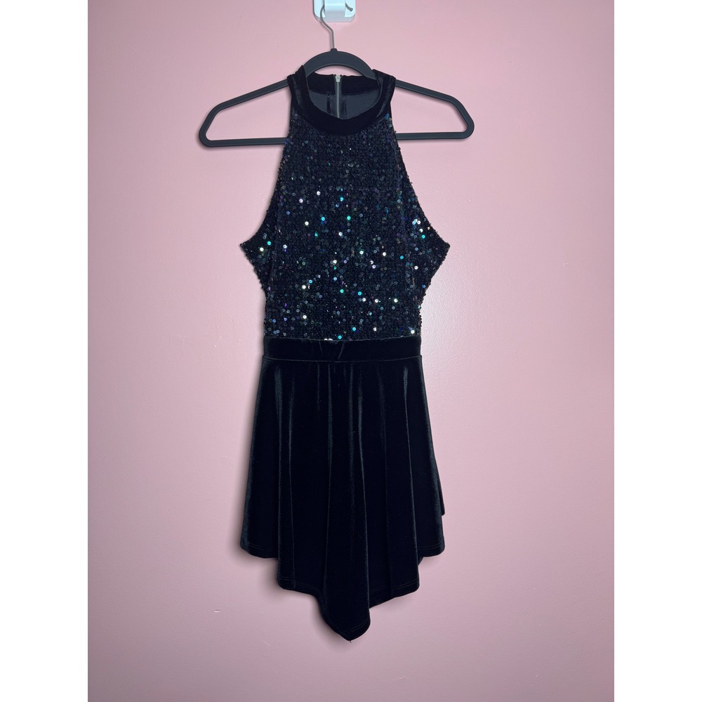 Revamped Sequin Velvet Romper Womens Large Black Excellent Back Cutout‎ Halter